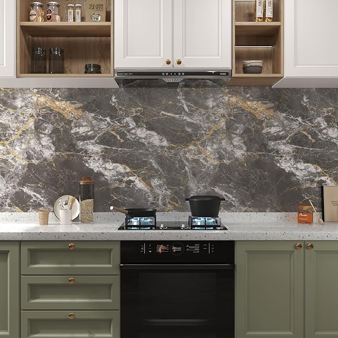 BAYYA 48"x80" Extra Wide Marble Contact Paper Grey/Gold Glossy Marble Wallpaper - Image 4