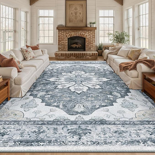 RELEANY Area Rugs 10'x14' Washable Non-Slip, Floral Vintage Distress Print by RELEANY