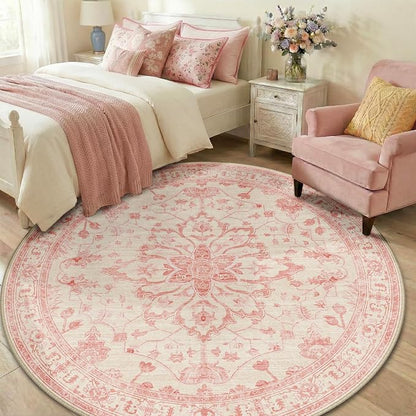 RELEANY Area Rugs Round 6ft Washable Non-Slip, Floral Vintage Distress Print - Image 3