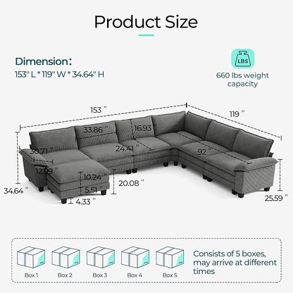 LINSY HOME Modular Sectional Sofa, 6-Seat Corduroy Modern Cloud Couch - Image 2