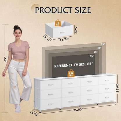 WLIVE 75.5'' White Dresser for Bedroom, TV Stand for 85, 65 Inch TV, 12 Drawer - Image 3