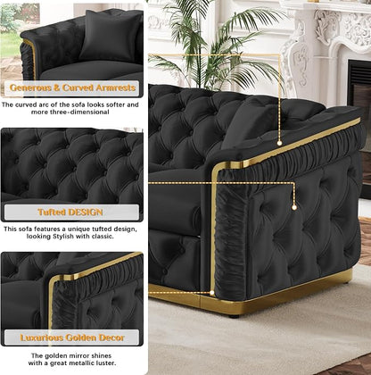 62.2" Luxury Velvet Chesterfield Sofa Tufted Victorian Black and Gold Couch - Image 4