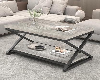 HSH Coffee Table with Storage, Farmhouse Grey Living Room Center Table - Image 9