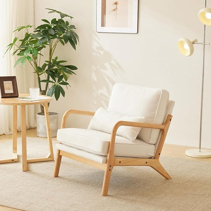 VINGLI Coarse Linen Beige Comfy Accent Chair, Mid Century Modern Lounge Armchair - Image 6