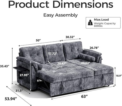 Convertible Sleeper Sofa Bed, 63 Inch Chenille Pull Out Couch - Image 2