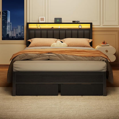 Furnulem Queen Bed Frame with Charging Station and LED Lights, Metal Platform - Image 5