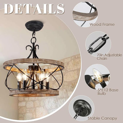 20" Farmhouse Chandelier, Rustic Drum Chandelier Light Fixture Over Table - Image 7