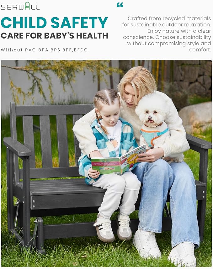 SERWALL Outdoor Glider Rocking Chair, HDPE All-Weather Resistant 2-Person - Image 7