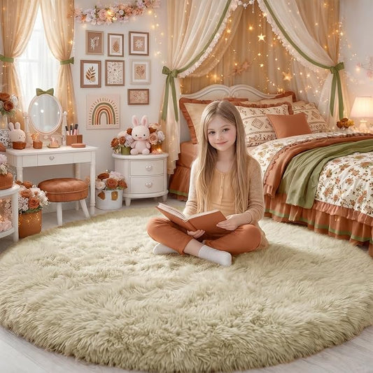 Amdrebio Beige Round Area Rug 6Ft by Amdrebio