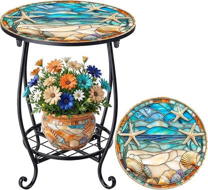 Cinnvoice Outdoor Side Table Round Small Mosaic Patio Accent Indoor End Plant by Cinnvoice