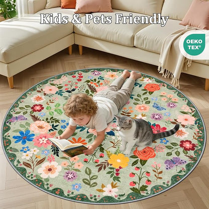 Round Area Rug for Living Room: 4 ft Floral Washable Circle Rug Soft Boho - Image 8