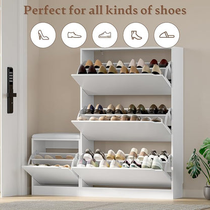 BORNOON Shoe Cabinet with Bench and 3 Flip Drawers, Slim Narrow Shoe Storage - Image 4