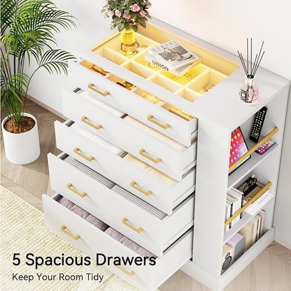 Drawer Dresser with LED Lights and Open Shelves, Modern Tall Chest of Drawers - Image 5