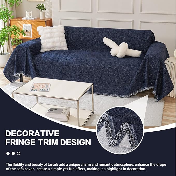 DREAMINGO Navy Blue Couch Cover Thick Chenille Couch Cover Blanket - Image 5