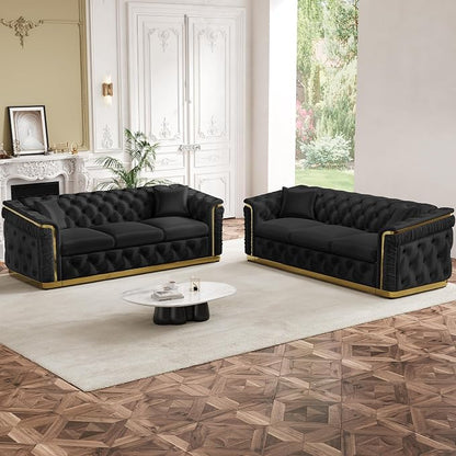 Luxury Chesterfield Sofa Set of 2, Velvet Tufted Couch Victorian Black and Gold - Image 3