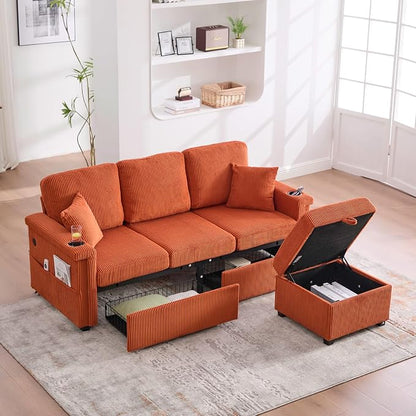 L-Shaped Sectional Sofa with Storage & Movable Ottoman, Corduroy 3 Seater by Firscook