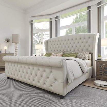 AMERLIFE King Size Platform Bed Frame, Chenille Upholstered Sleigh Bed by AMERLIFE