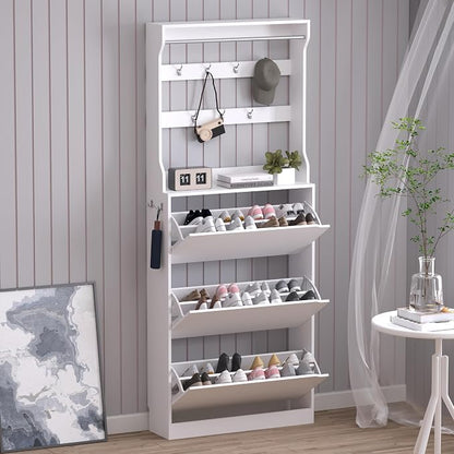 BORNOON Shoe Cabinet with 3 Flip Drawers & Coat Rack, Narrow Hidden Shoe by BORNOON