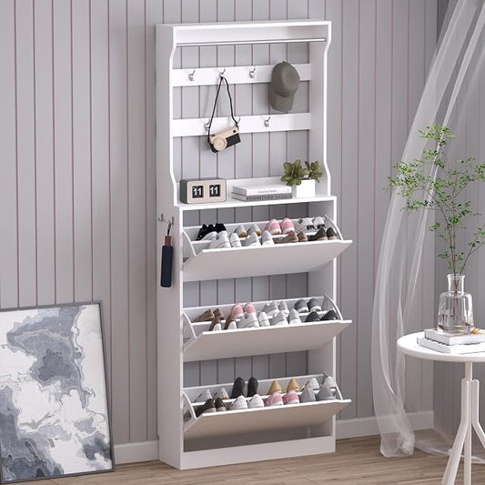 BORNOON Shoe Cabinet with 3 Flip Drawers & Coat Rack, Narrow Hidden Shoe by BORNOON