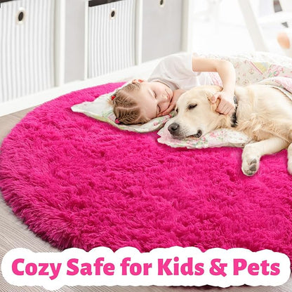 Hot Pink Small Round Rug 3Ft for Girls Bedroom, Fluffy Circle Area Rugs for - Image 4