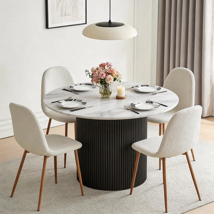 Dining Table Set for 4, Mid Century Modern 47 Inch White Marble-Look Wooden by somedream