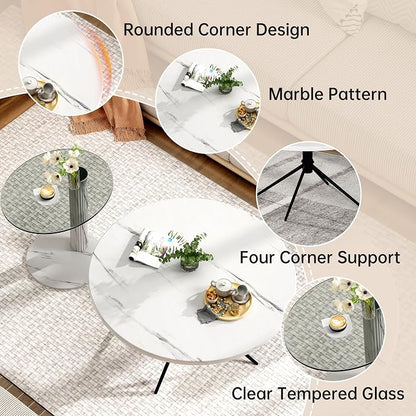 Hooseng Set of 2 Round Coffee Tables, Faux Marble Top and Modern Tempered - Image 8
