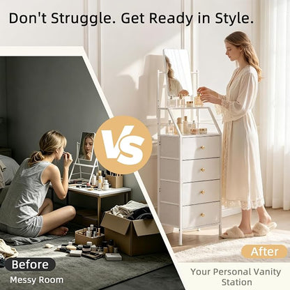 HIGDBFE 4-Drawer Dresser with Mirror, Vanity with 2-Tier Shelves, Fabric Chest - Image 3