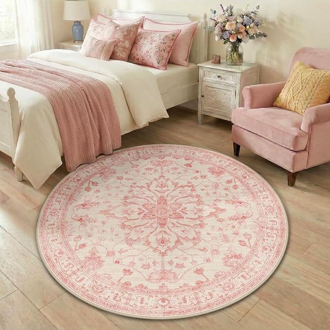 RELEANY Area Rugs Round 4ft Washable Non-Slip, Floral Vintage Distress Print - Image 3