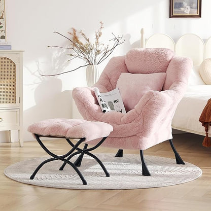 Lazy Chair with Ottoman, Large Pink Accent Chair with Ottoman and FA Throw - Image 4