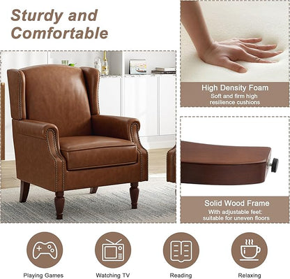 Pia Ricco Set of 2 Faux Leather Accent Chairs, High Back Wingback Armchairs - Image 4
