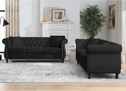 80" 2 Piece 3-Seater Velvet Chesterfield Sofa - Image 4