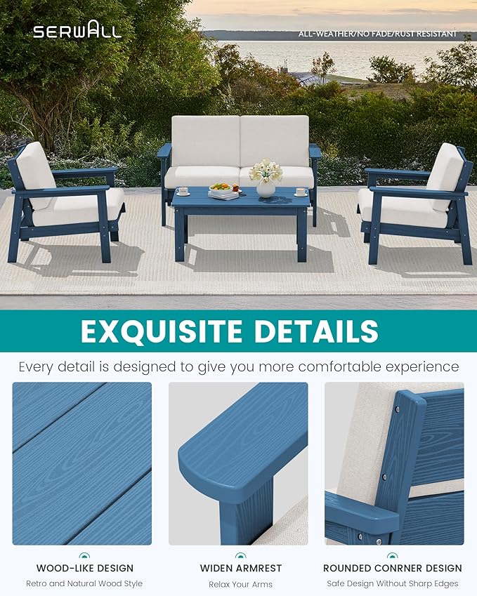 SERWALL HDPE Outdoor Furniture Set, 7 Piece All Weather Wood-Like Outdoor Sofa - Image 4