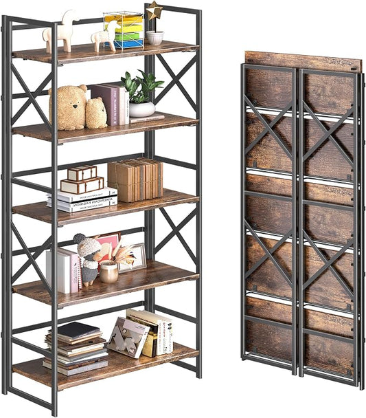 4NM 5 Tiers No Assembly Book Shelves, 51.2" H Folding Bookshelf Bookcase Open by 4NM