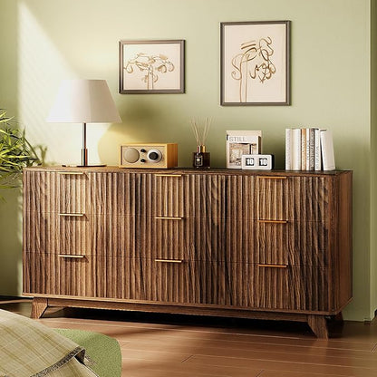 VINGLI Fluted Walnut Dresser 9 Drawer, Dark Wood Dresser Brown - Image 8