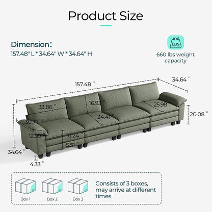 LINSY HOME 157" Modular Sectional Sofa, 4-Seat Corduroy Modern Cloud Couch - Image 2