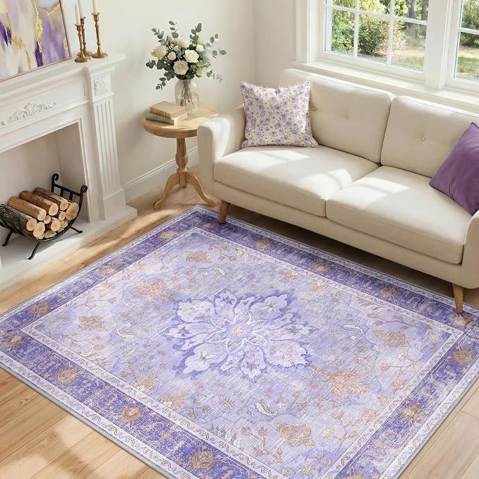 RELEANY Area Rugs 4'x6' Washable Non-Slip, Floral Vintage Distress Print by RELEANY
