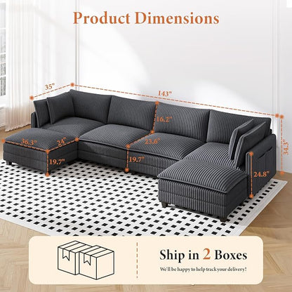 Vesgantti 143" U Shaped Modular Sectional Couch, Comfy Corduroy Upholstered - Image 2