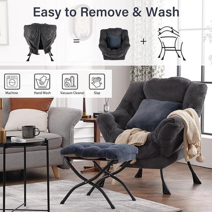Lazy Chair with Ottoman, Large Blue Gray Accent Chair with Ottoman and FA Throw - Image 6