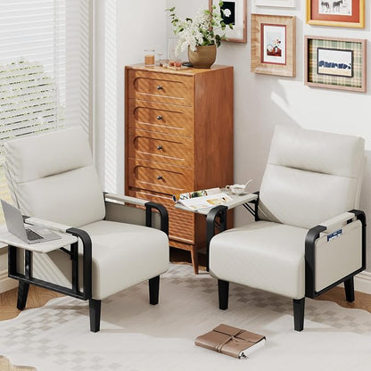 Andeworld Modern Beige Accent Chair Set of 2, PU Leather Upholstered Armchair - Image 3