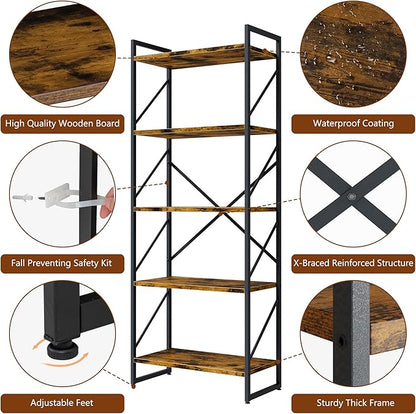 Shintenchi 2 Pieces 5 Tiers Bookshelf, Classically Tall Bookcase Shelf - Image 7