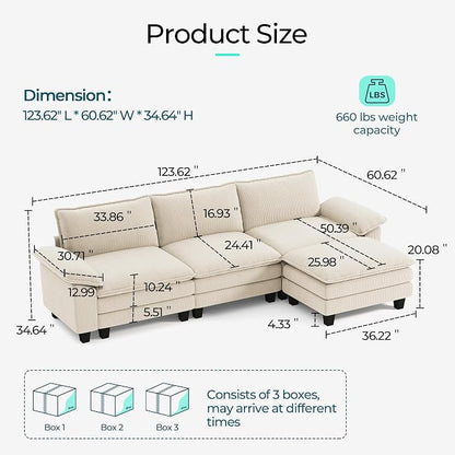 LINSY HOME 123" Modular L-Shaped Sectional Sofa, 3-Seat Corduroy Modern Cloud - Image 2