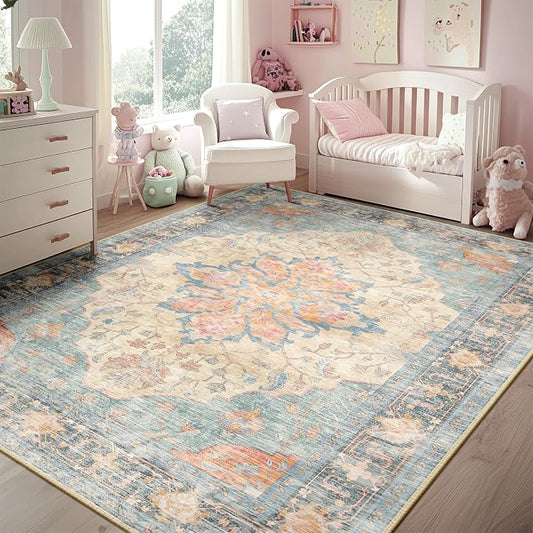 RELEANY Area Rugs 5'x7' Washable Non-Slip, Floral Vintage Distress Print by RELEANY