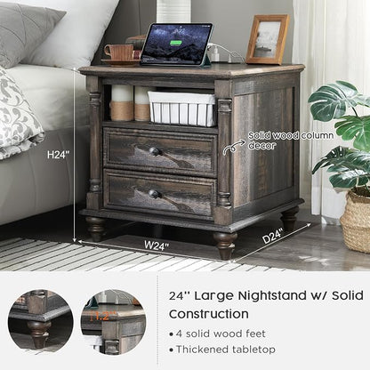 T4TREAM 24'' Farmhouse End Table w/4 Solid Wood Feet, Large 2 Drawers Wide Sofa - Image 2