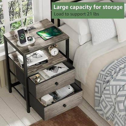 BOLUO Gray Nightstand with Charging Station, LED Night Stand with 2 Fabric - Image 5