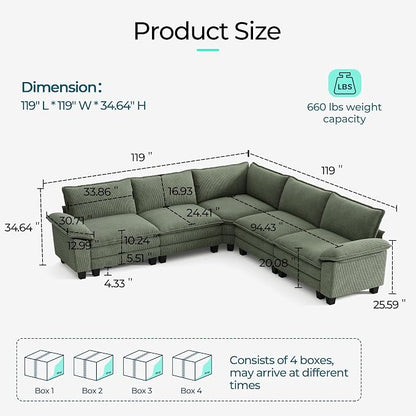 LINSY HOME Modular Sectional Sofa, 5-Seat Corduroy Modern Cloud Couch - Image 2
