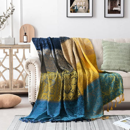 Bohemian Throw Blanket for Couch，Colorful Chenille Tassels Boho Woven Hippie - Image 5