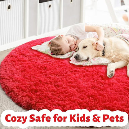 Amdrebio Red Round Rug 5Ft for Boys Bedroom, Fluffy Fuzzy Circle Area Rugs for - Image 4