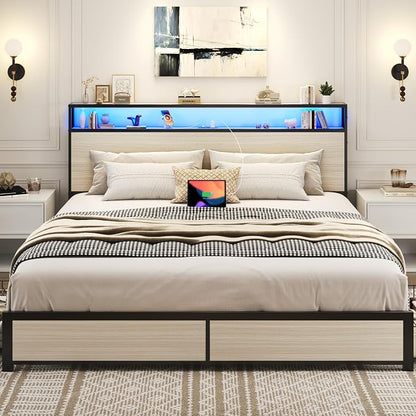 Lifezone King Bed Frame with 2-Tier Storage Headboard, Metal Platform Bed Frame - Image 4