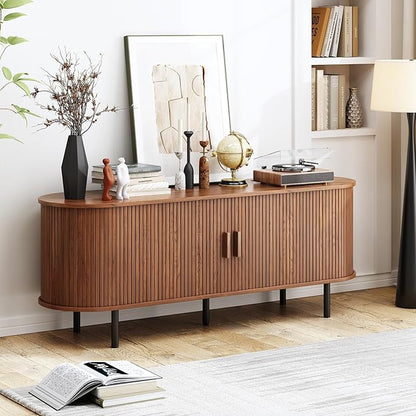 55" TV Stand with Power Outlet, Mid-Century Modern Television Stand, Fluted - Image 6