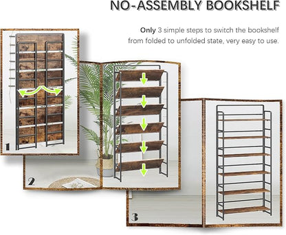 4NM No Assembly Extra Wide 6 Tiers Folding Bookshelf Storage Shelves Vintage - Image 6